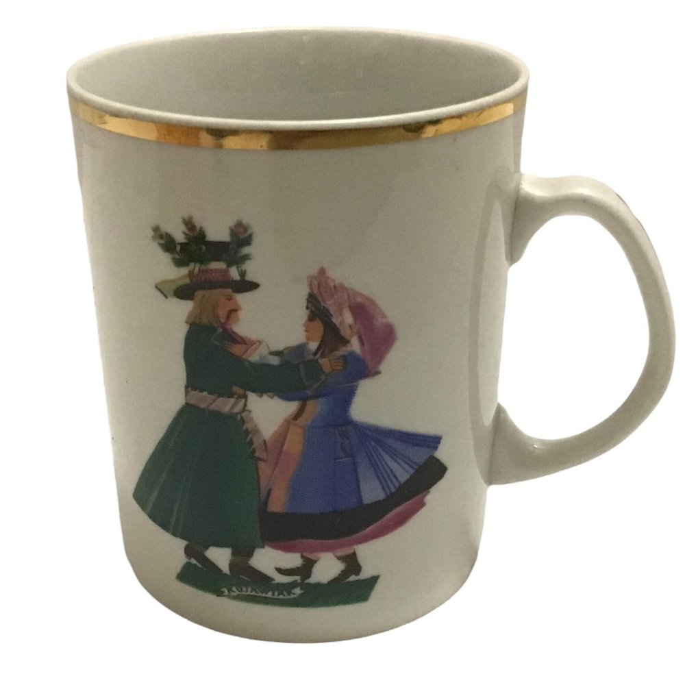 Vintage Poland Favolina Mug Polish Folk Dancers Gold Trim Mug Cup